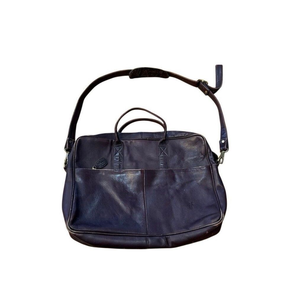 Frye Messenger Bag Leather Zip Work Briefcase in Brown Leather Distressed - Picture 3 of 15